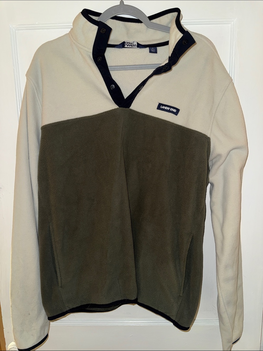 Lands' End Two-Tone Olive and Cream Zip Fleece Pullover